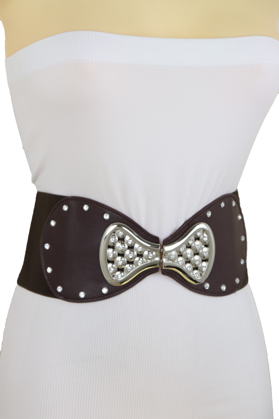Women Dark Brown Wide Elastic Gift Present Belt Silver Metal Bow Tie Buckle S M
