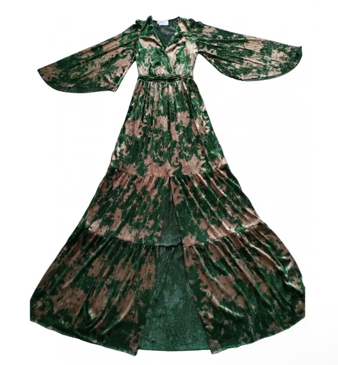 BA&SH Vert Green Gold Bronze Metallic VIANCA Grecian V-Neck Maxi Dress Sz 2 US8