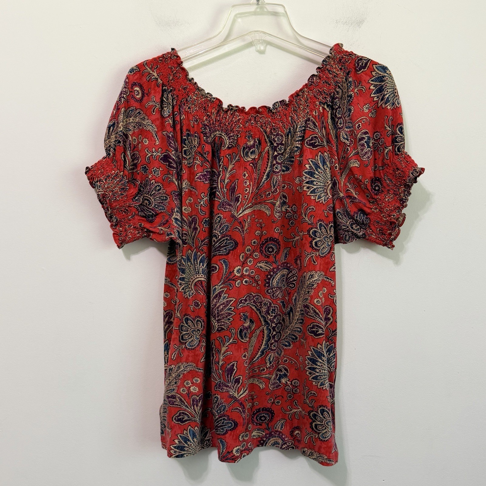 Lauren Ralph Lauren Top XL Red Paisley Smocked Neck Stretch Knit Preppy Shirt