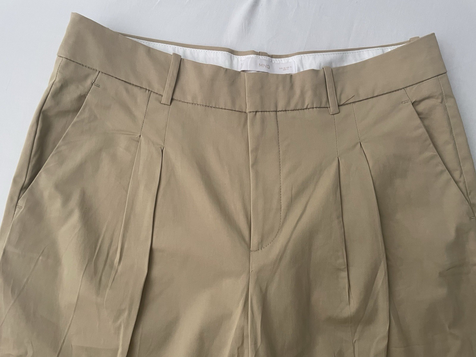 MNG Women’s Beige Pleated High Rise Wide-Leg Khaki Pants, Size 10