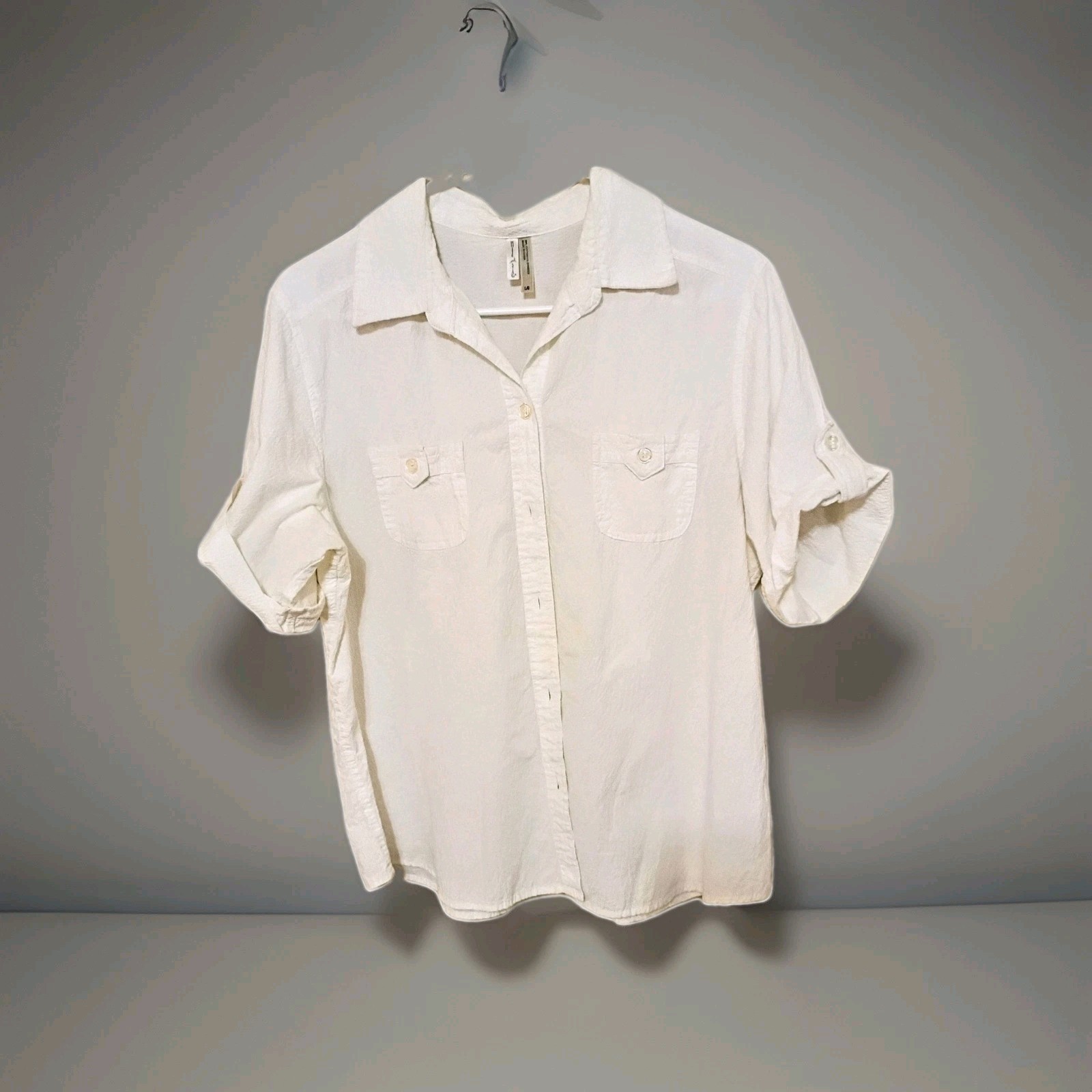 Womens L Cotton Lightweight Textured Gauze Tab Cuff Pocket Button Up Blouse Top