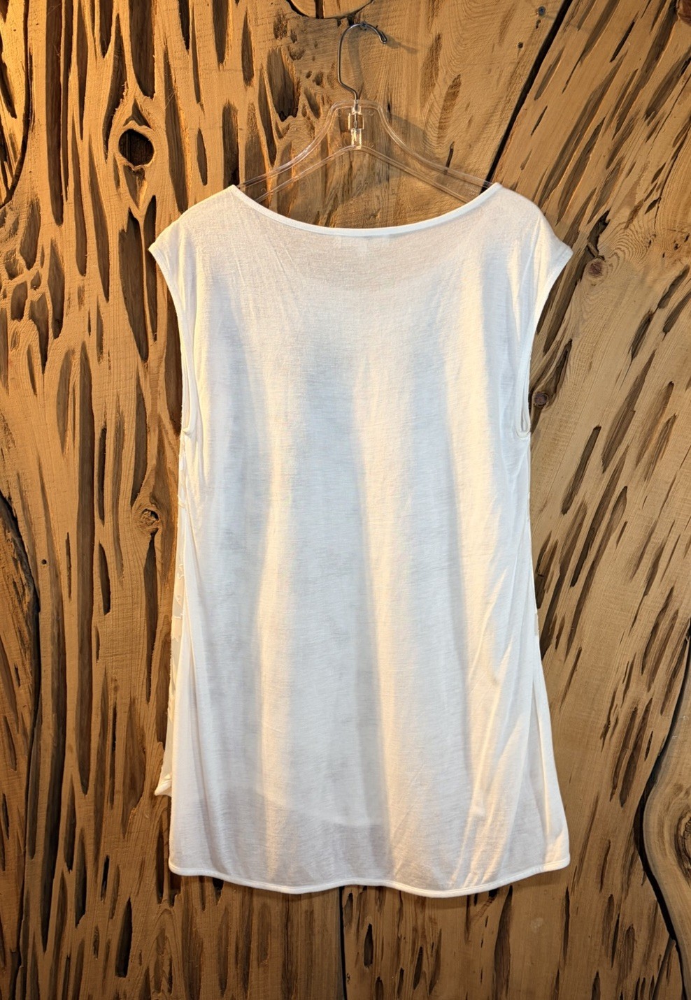 My Tribe Silk Blend Mixed Media Shell – Sheer Front Sleeveless Blouse White L