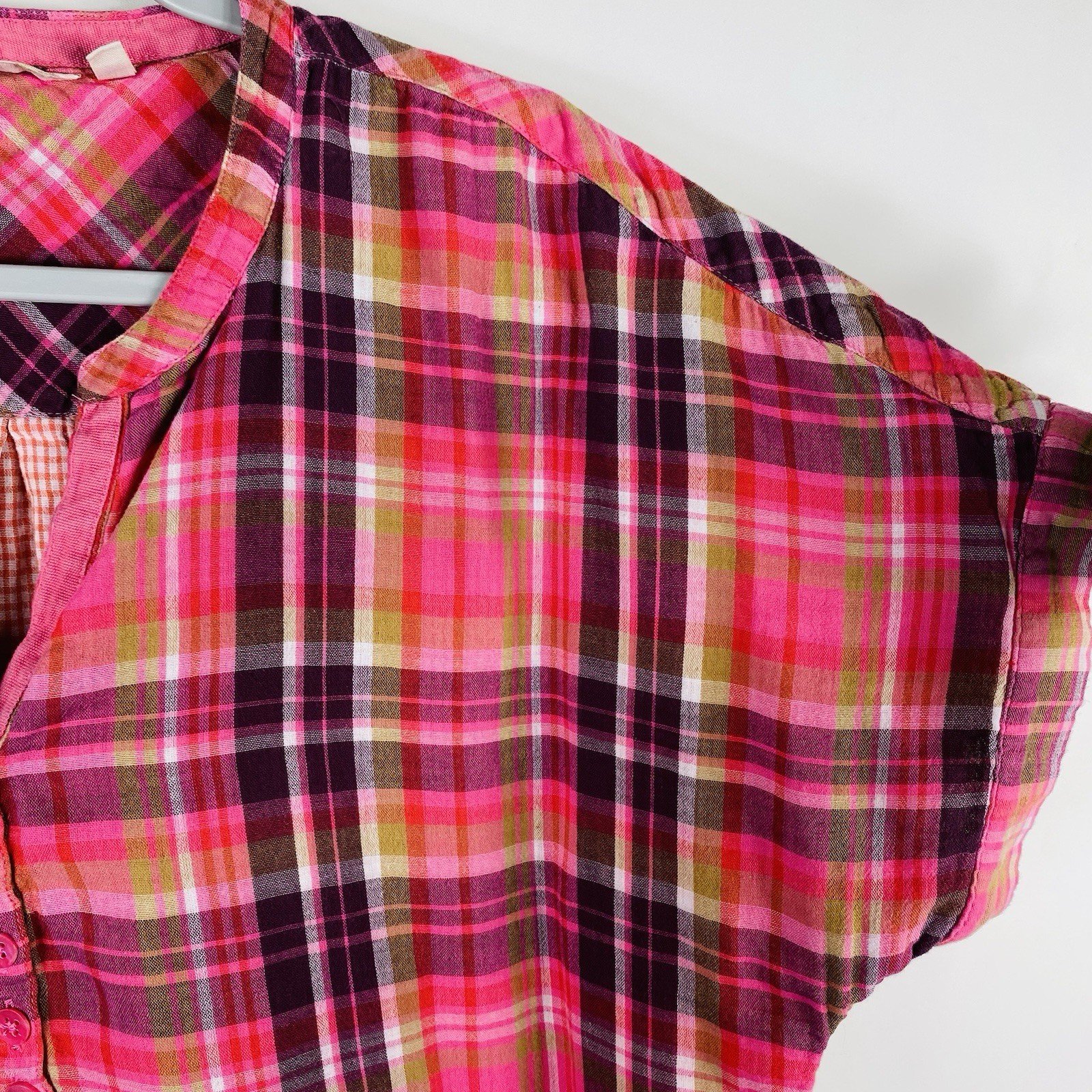 Soft Surroundings Top Large Pink Plaid Malay Short Sleeve Popover 100% Cotton