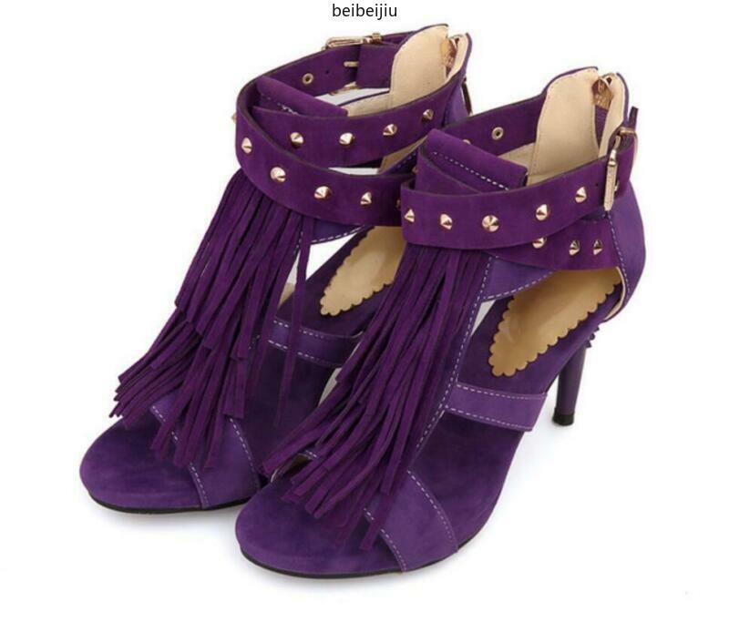 Tassels Rivet Gladiator Women’s Sandals Buckle Shoes Strap High Heel Roma Hot