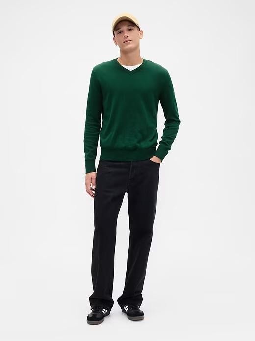 GAP Sweater Mens Large Green Solid V-Neck 100% Cotton Tight Knit Pullover NEW