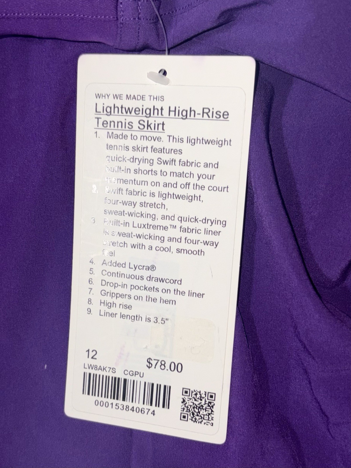 NWT💜LULULEMON💜SIZE 12💜LIGHTWEIGHT HI RISE TENNIS SKIRT💜COLLEGIANT PURPLE💜