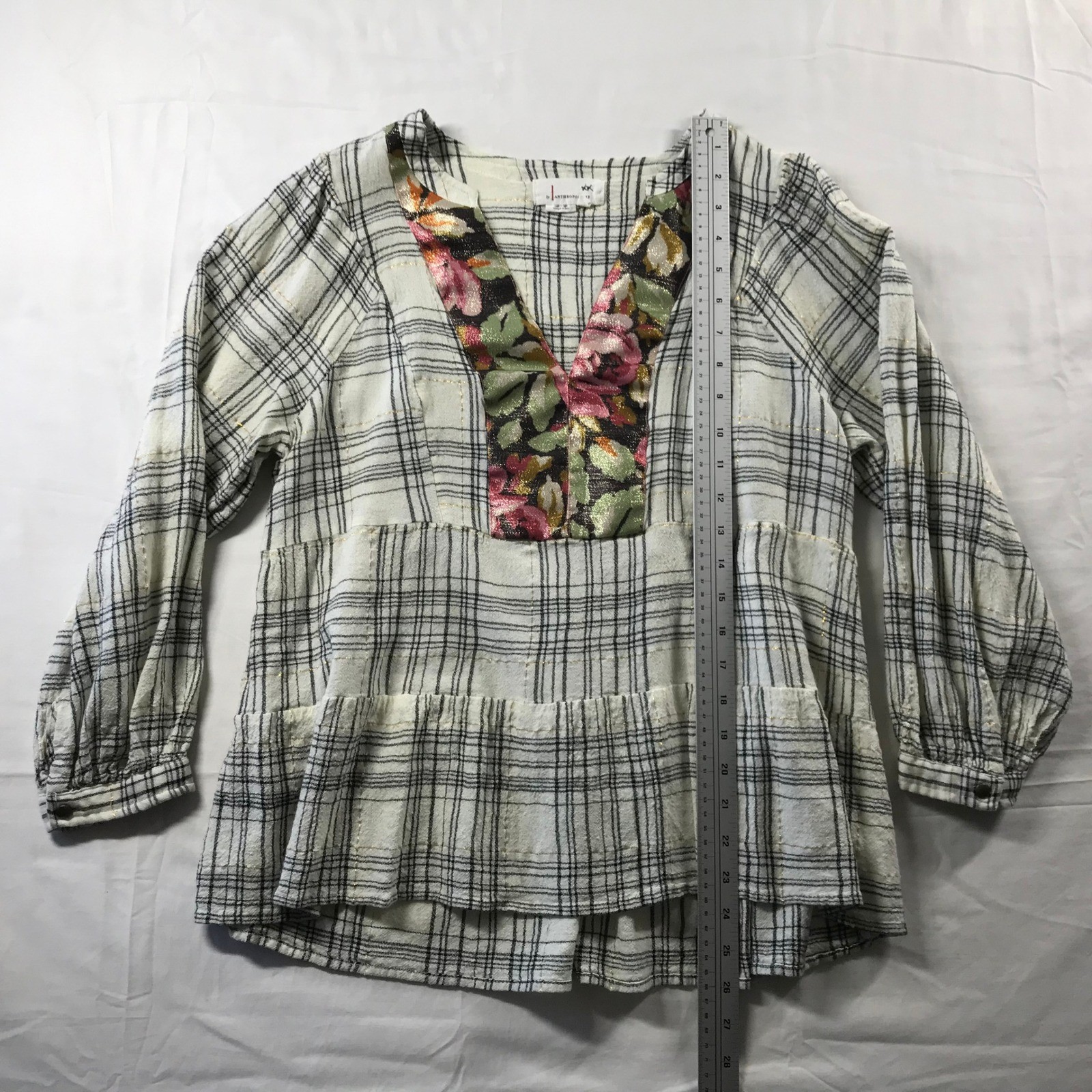 Anthropologie Plaid Floral Metallic Peplum Blouse Cream Black Wool Blend Large