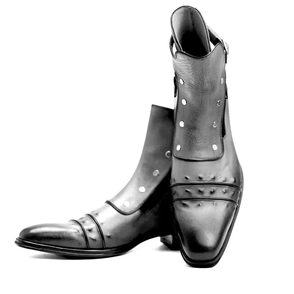 Handmade Ankle Zippers Boots Leather Gray Buckle Formal Dress Boots For Men 7-15