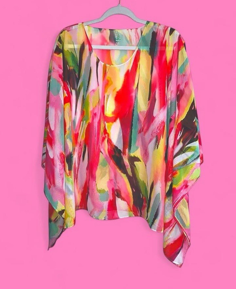Women’s Multicolor Abstract Chiffon Kimono Sleeve Pullover Blouse One Size