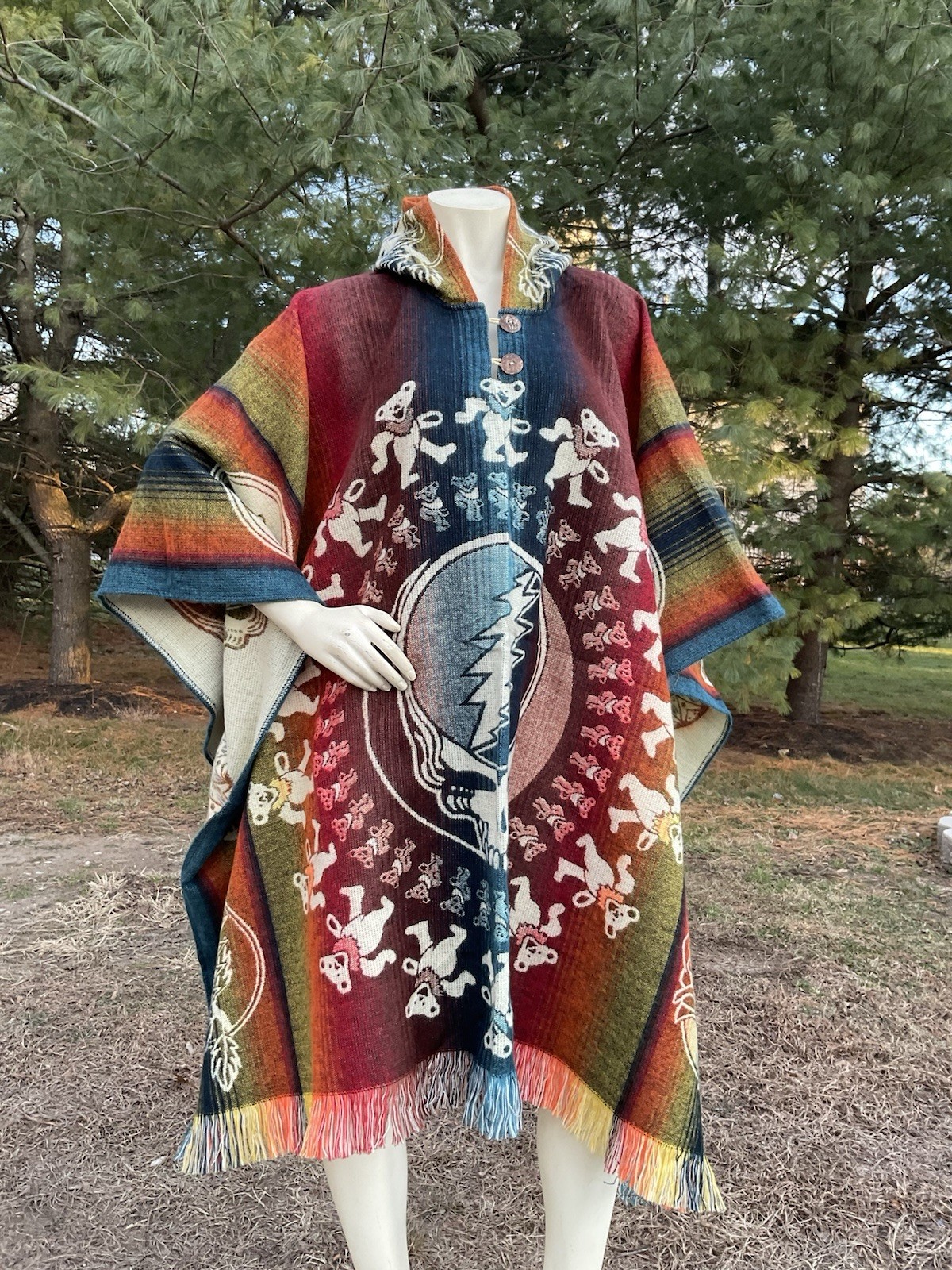 Handcrafted ALPACA WOOL PONCHO, Grateful Dead Bear Mandala, One Size, Unisex