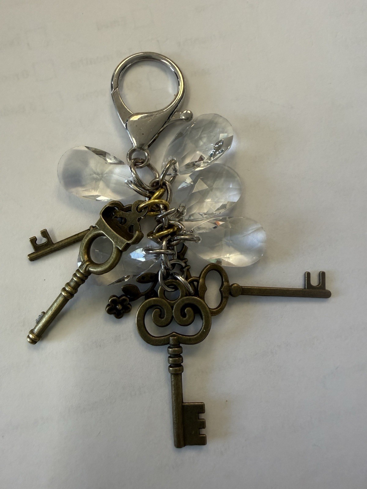 Gold Tone Key Charm Key Chain w/ Clear Crystal Drops, Lobster Clasp