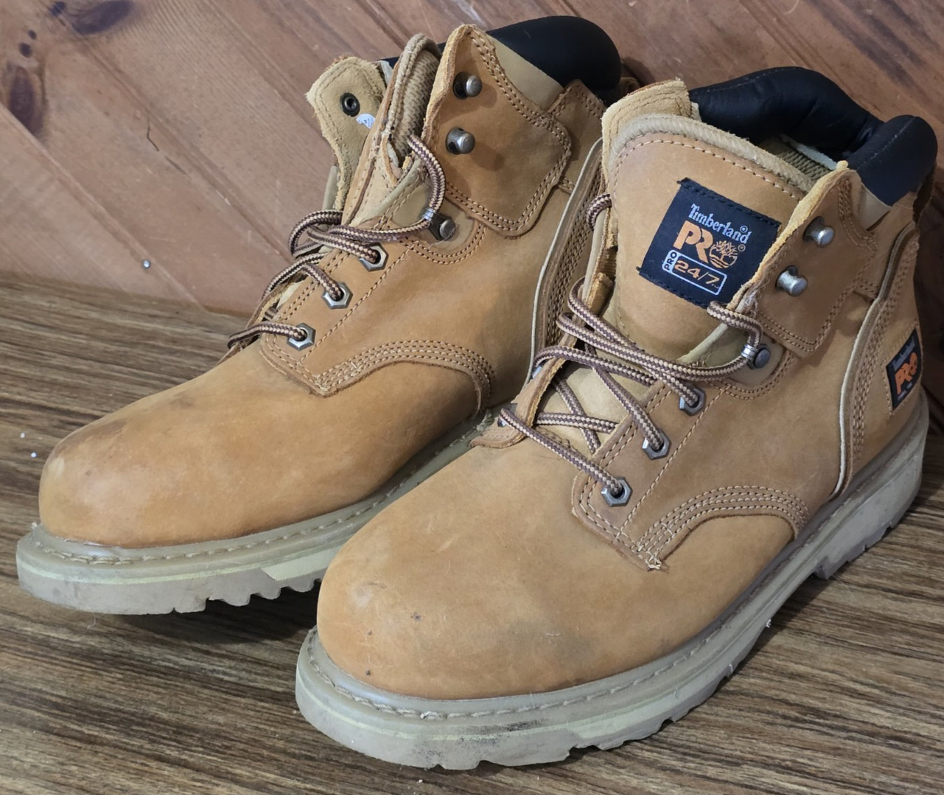 TIMBERLAND PRO Mens Size 9.5 W PitBoss 6″ Steel Toe Work Boots Tan Wheat