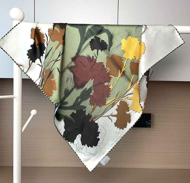 100% jacquard Silk Scarf Green leaf Print 65X65cm Shawl Square 2 Face Bandana