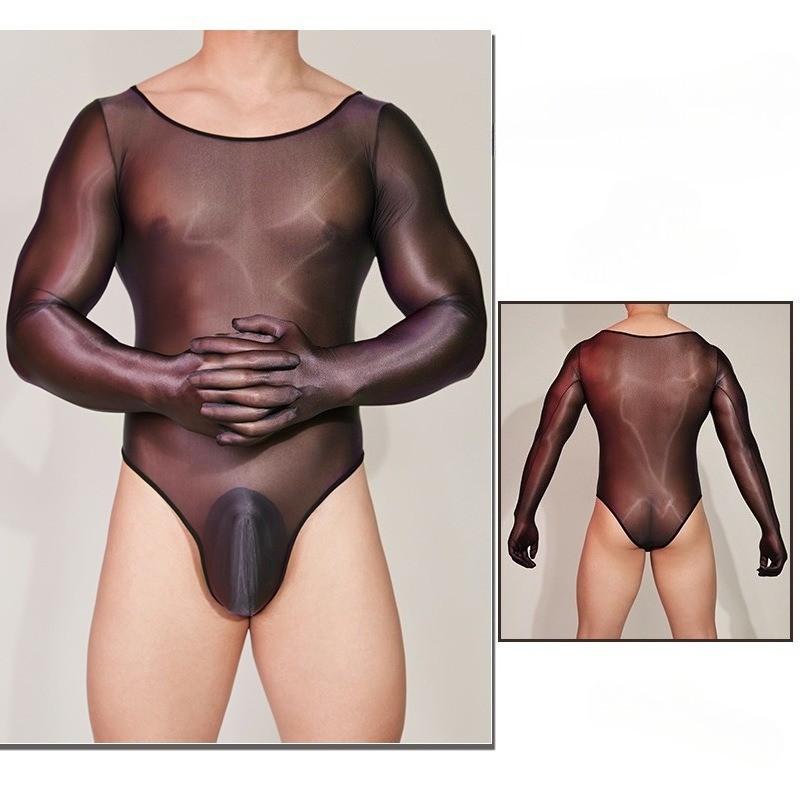 Oil Glossy Shiny Bodysuit Sheer See Through U Bulge Black Tights Elastic Leotard