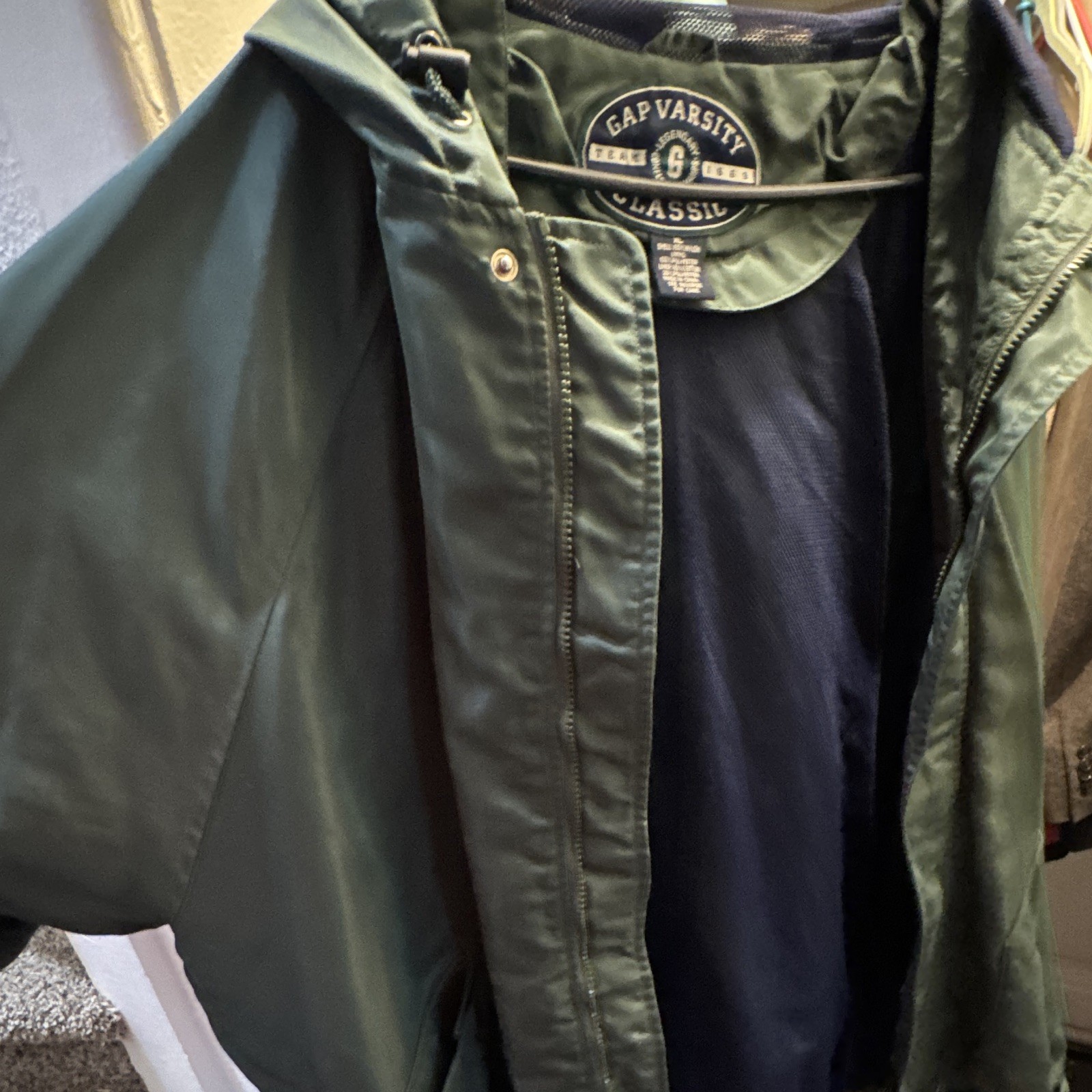 Gap Men’s Green Hooded Mid-Length Parka Jacket Zip/Snap Pockets XL