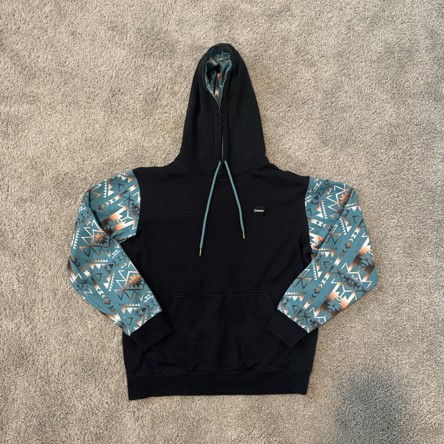 Hooey Men’s Black Fleece Pullover Hoodie Geometric Print Sleeves Pockets L