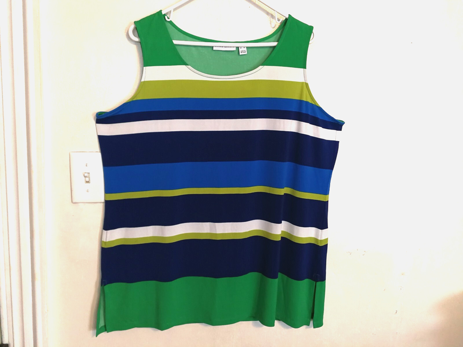 Susan Graver Womens Tank Top XL Blue Green White Striped Sleeveless Blouse Shirt