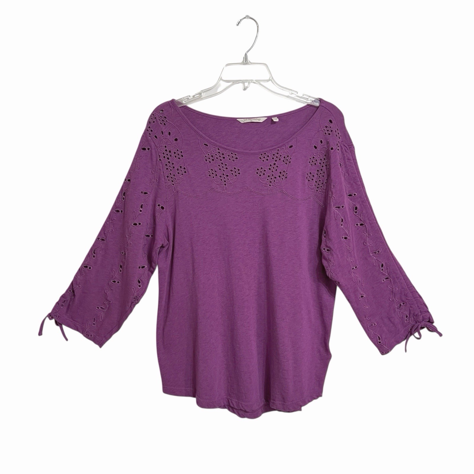 Soft Surroundings Eyelet Embroidered Tee Shirt L Purple Boho Ruched Sleeves