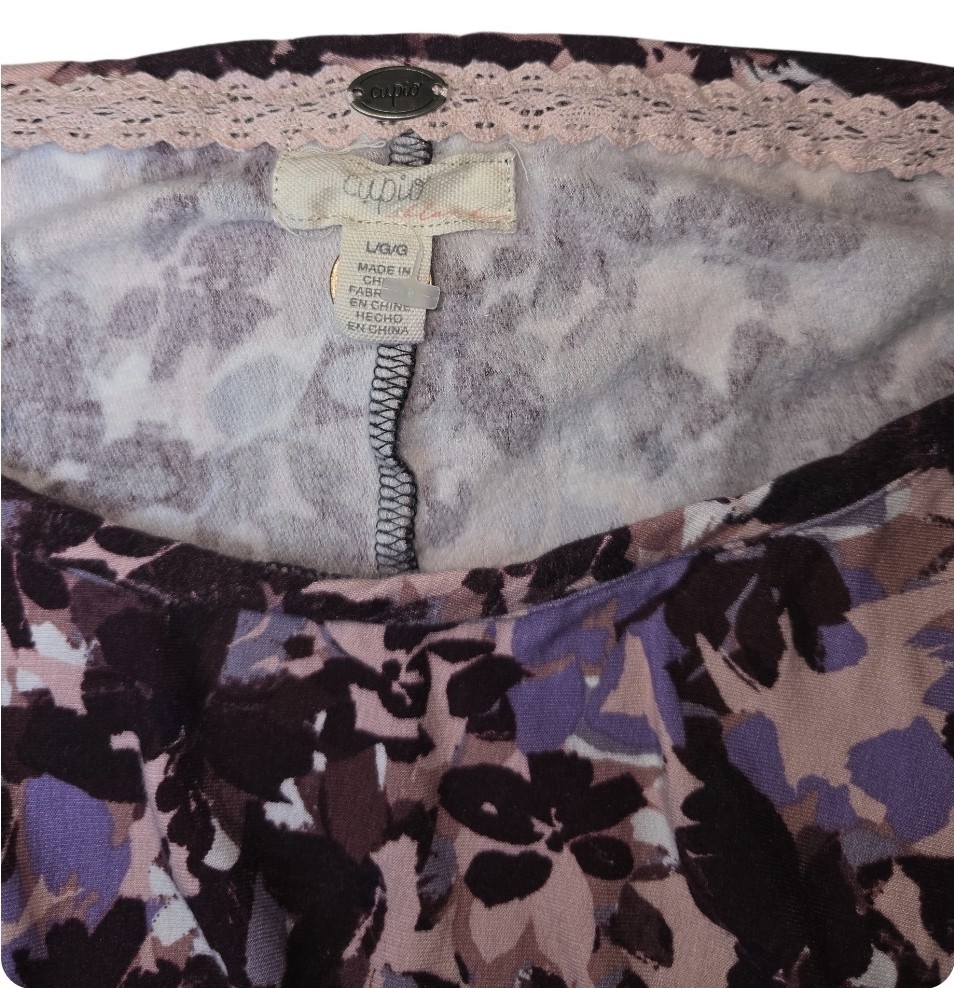 Cupio Women’s Floral 3/4 Sleeve Knit Top Size L Pink Purple Black Stretch Blouse