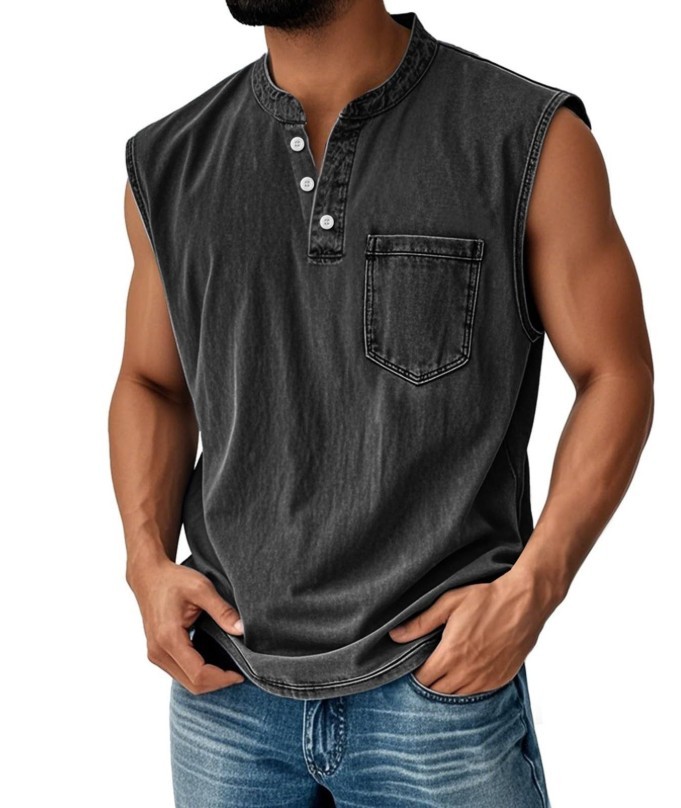 Men’s Sleeveless Henley T-Shirt Casual Cotton Blend Tank Top Summer Gym Vest