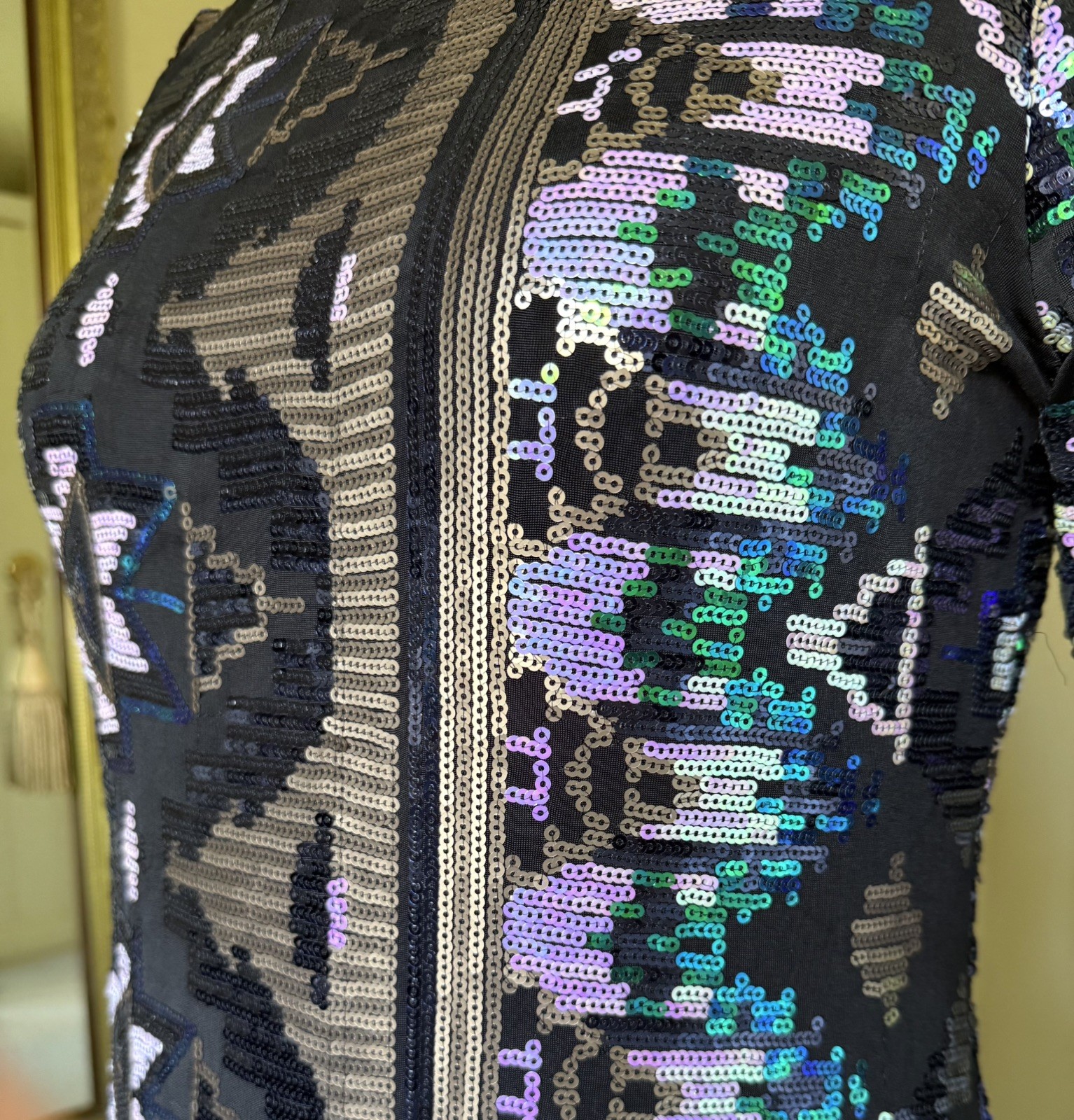 River Island Sequin Sexy Stretch Mini Dress UK16 Black Multi Party Prom Cocktail