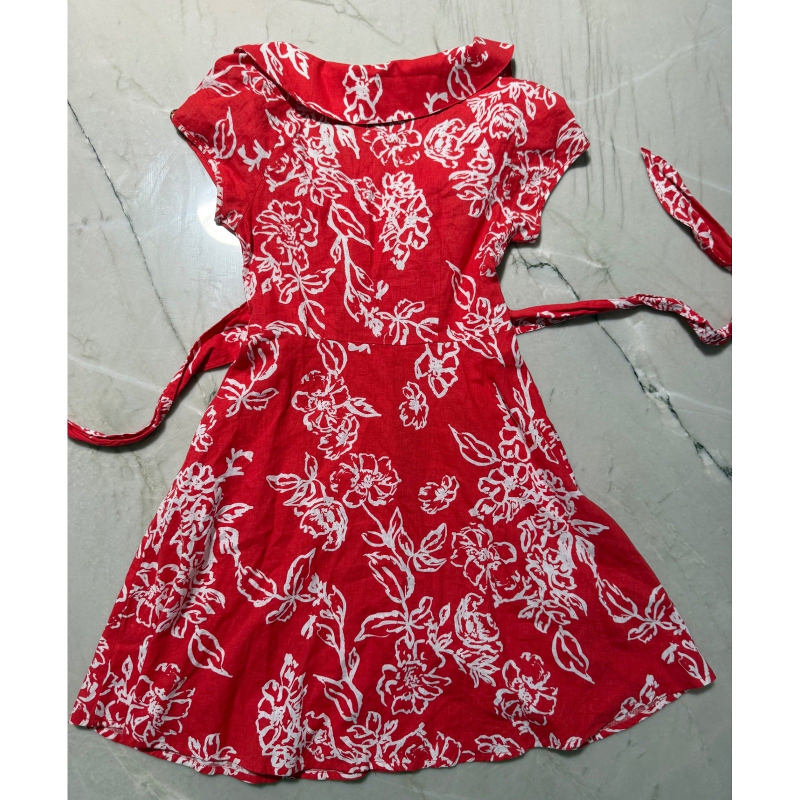 Free People Red White Floral Linen Blend Button Front Tie Waist Mini Dress 0 #56