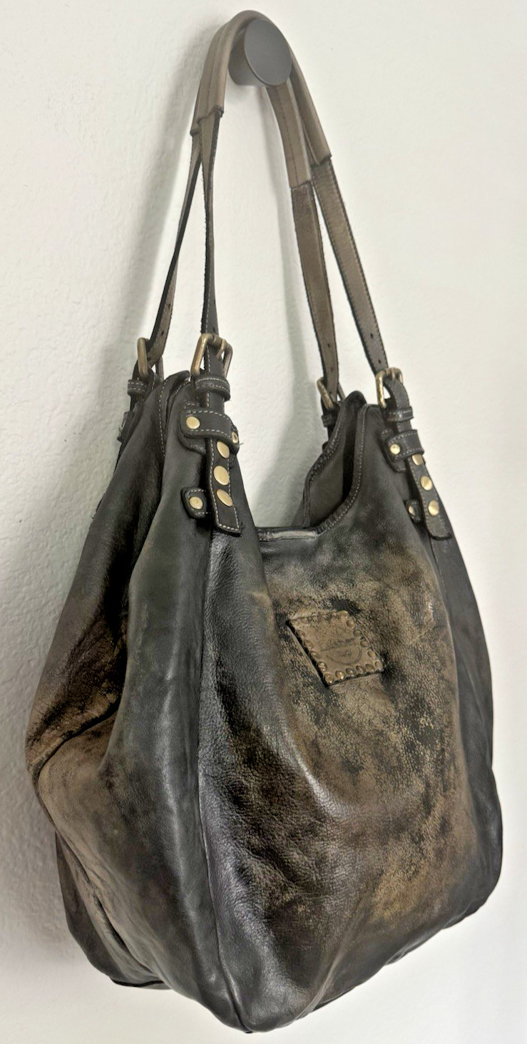 Lusher Soft and Slouchy Hobo Stone Washed Black Raw Onyx Italian Leather Studded
