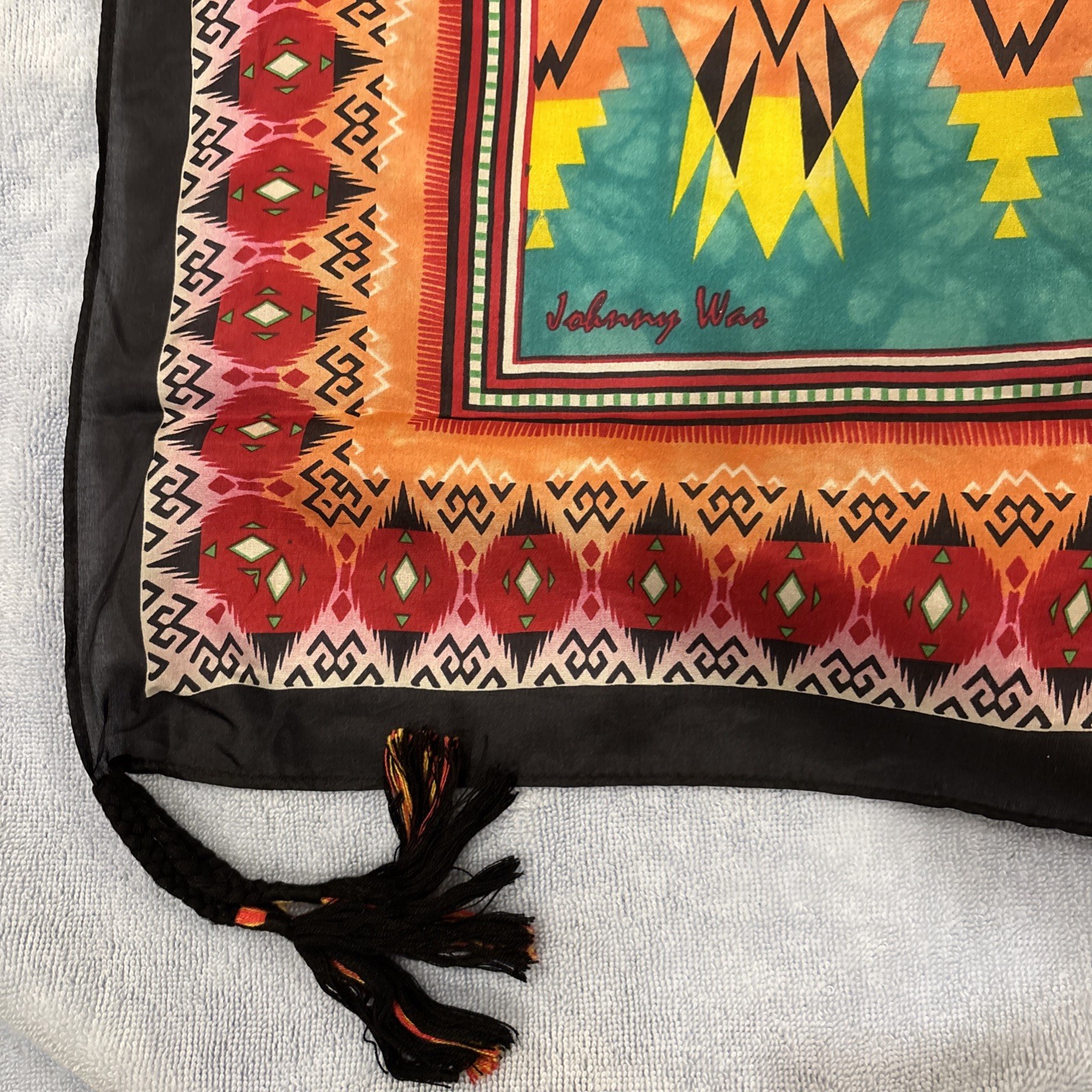 Johnny Was Silk Scarf Tassels Abstract Print Square Designer 42×42 Black Bold