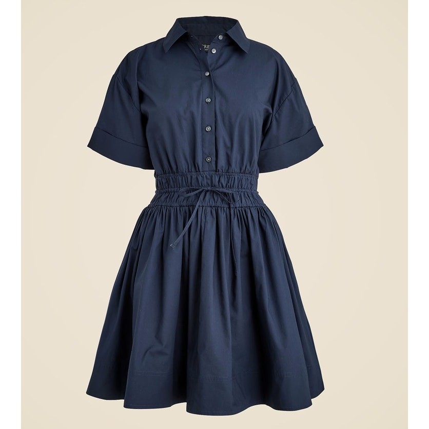 J.Crew Elena Mini Shirt Dress WMNS 10 Tall Navy Blue Cotton Poplin Smocked Waist