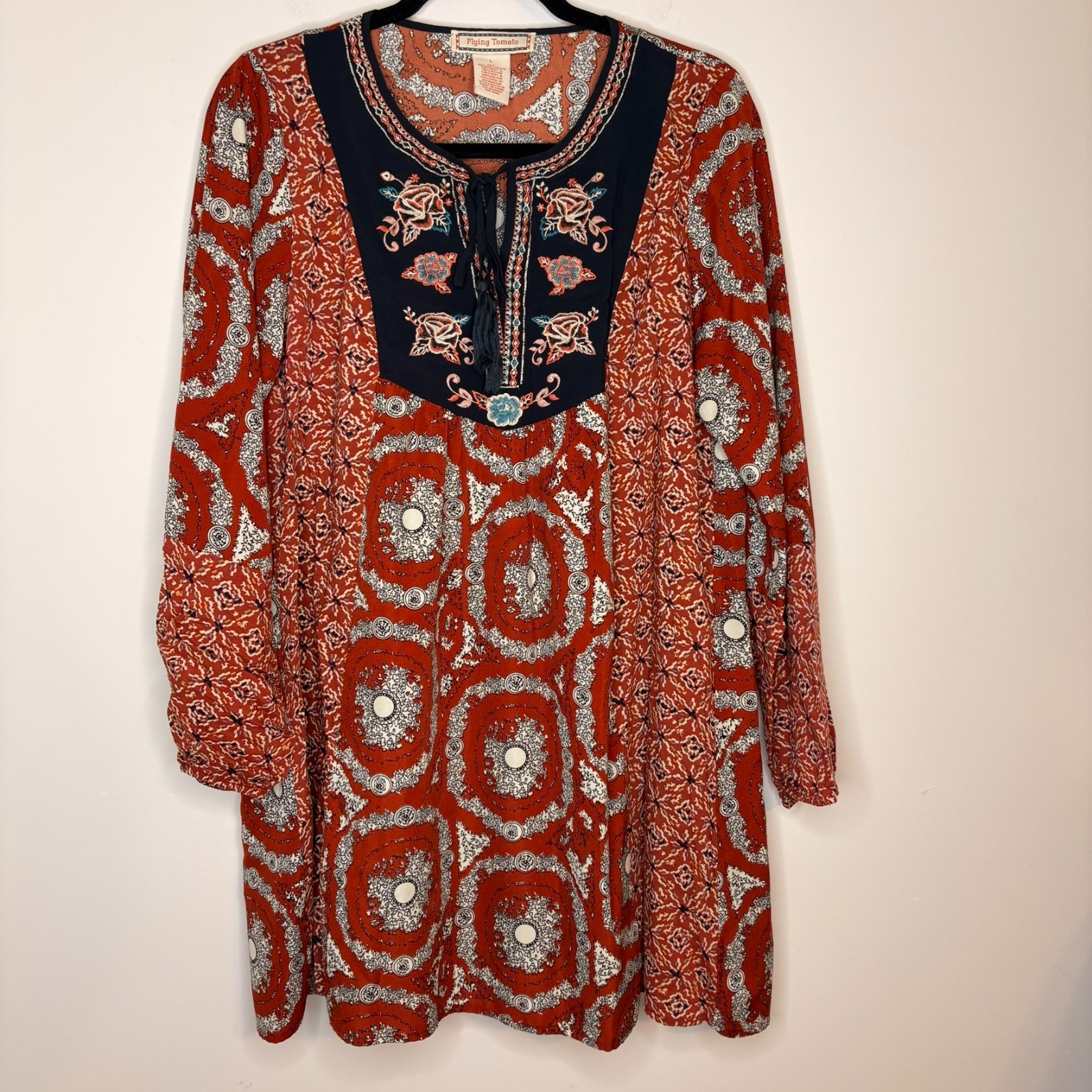 Flying Tomato Boho Floral Embroidered Tunic – Rust & Navy Size Large