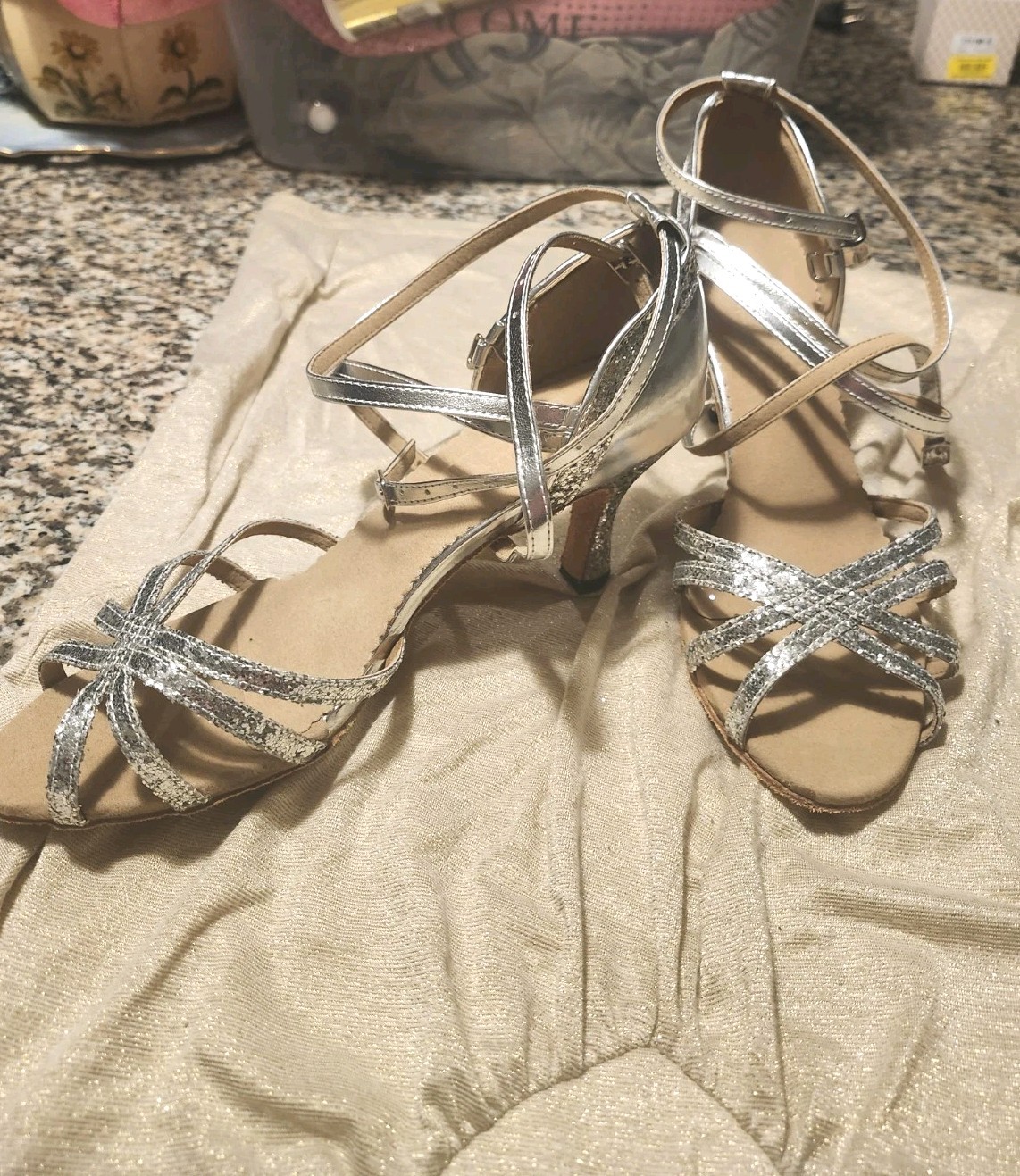 Women’s Sz 43 Salsa Dance Shoes Latin Bachata Ballroom Silver Glitter Satin