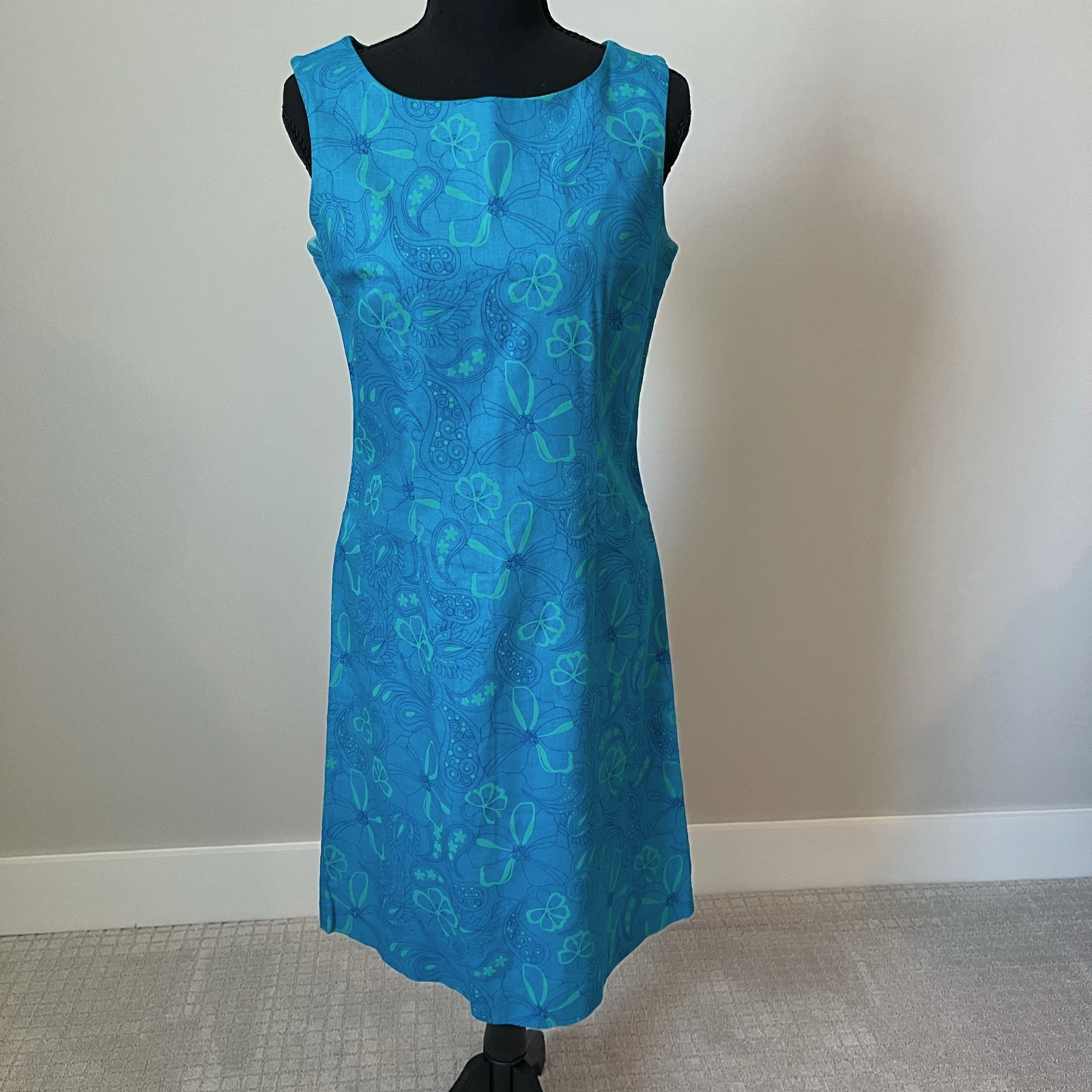 Kim Rogers Size 6 Blue Turquoise Floral Paisley Sleeveless Shift Dress