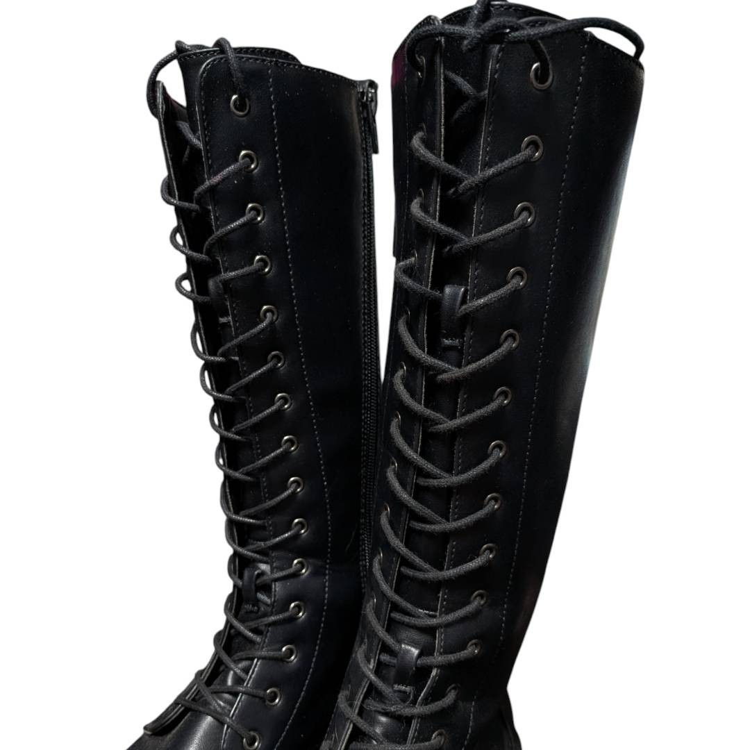 No Brand 15-Hole Platform Lace-Up Boots Side Zip Black 23.5cm Super Excellent