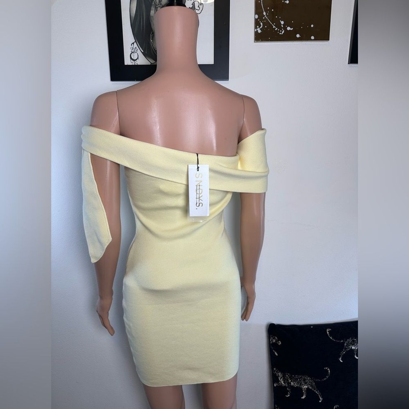 SNDYS Jaymes Mini Dress in Panna Cotta yellow knit off the shoulder bodycon
