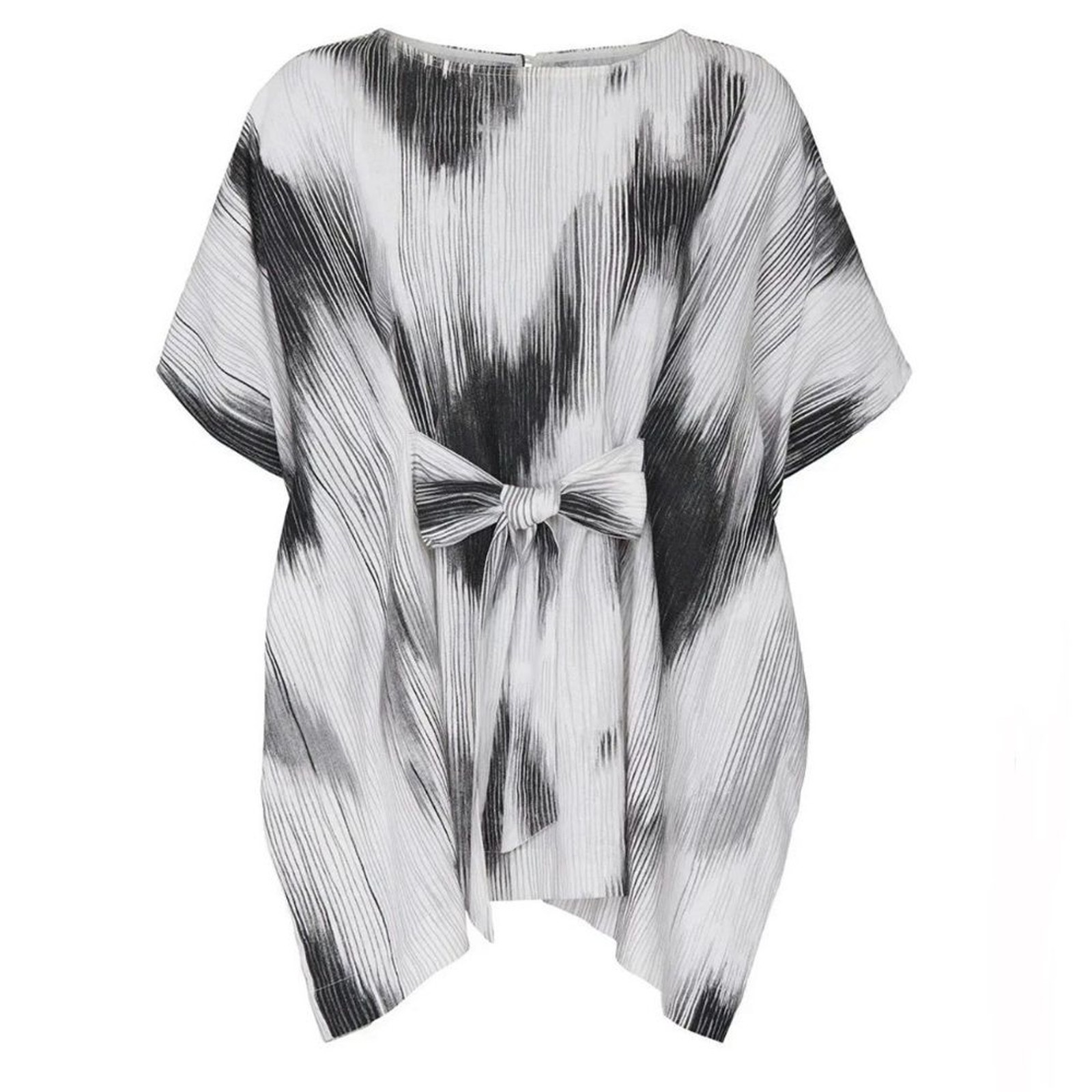 Natori Painted Ikat Caftan Linen Top Artistic Dolman Sleeve Blouse Abstract