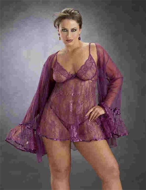 Women’s Lingerie Babydoll Chiffon Pantie Sheer Robe Plus Size L 1X Purple