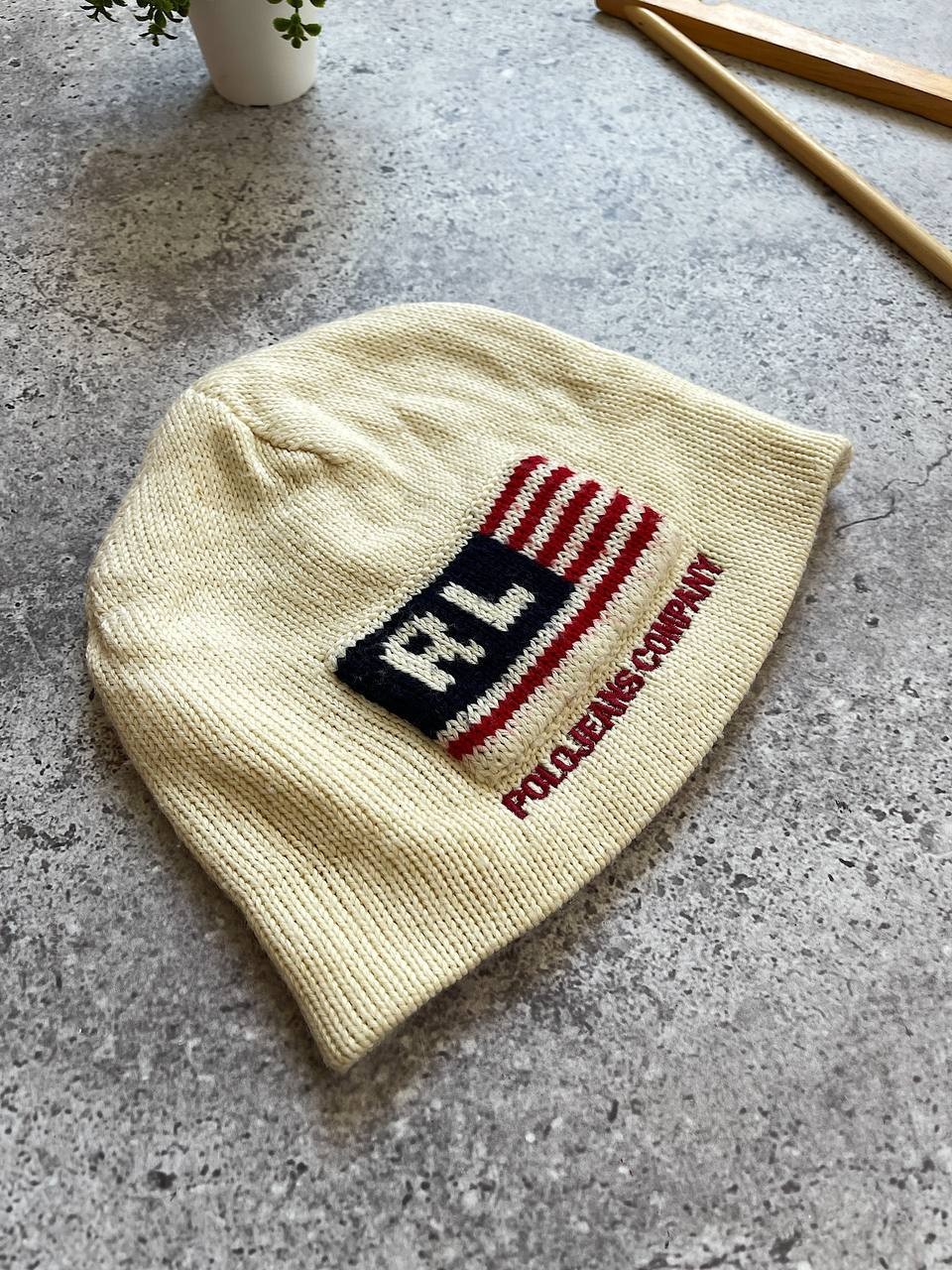 Vintage Polo Jeans Company RL USA Flag Knit Beanie Hat Cream One Size