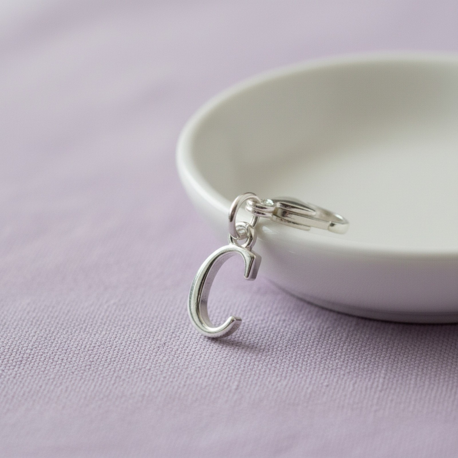 Silver Letter “C” Clip On Charm, Cursive Script Initial Dangle + Lobster Clasp