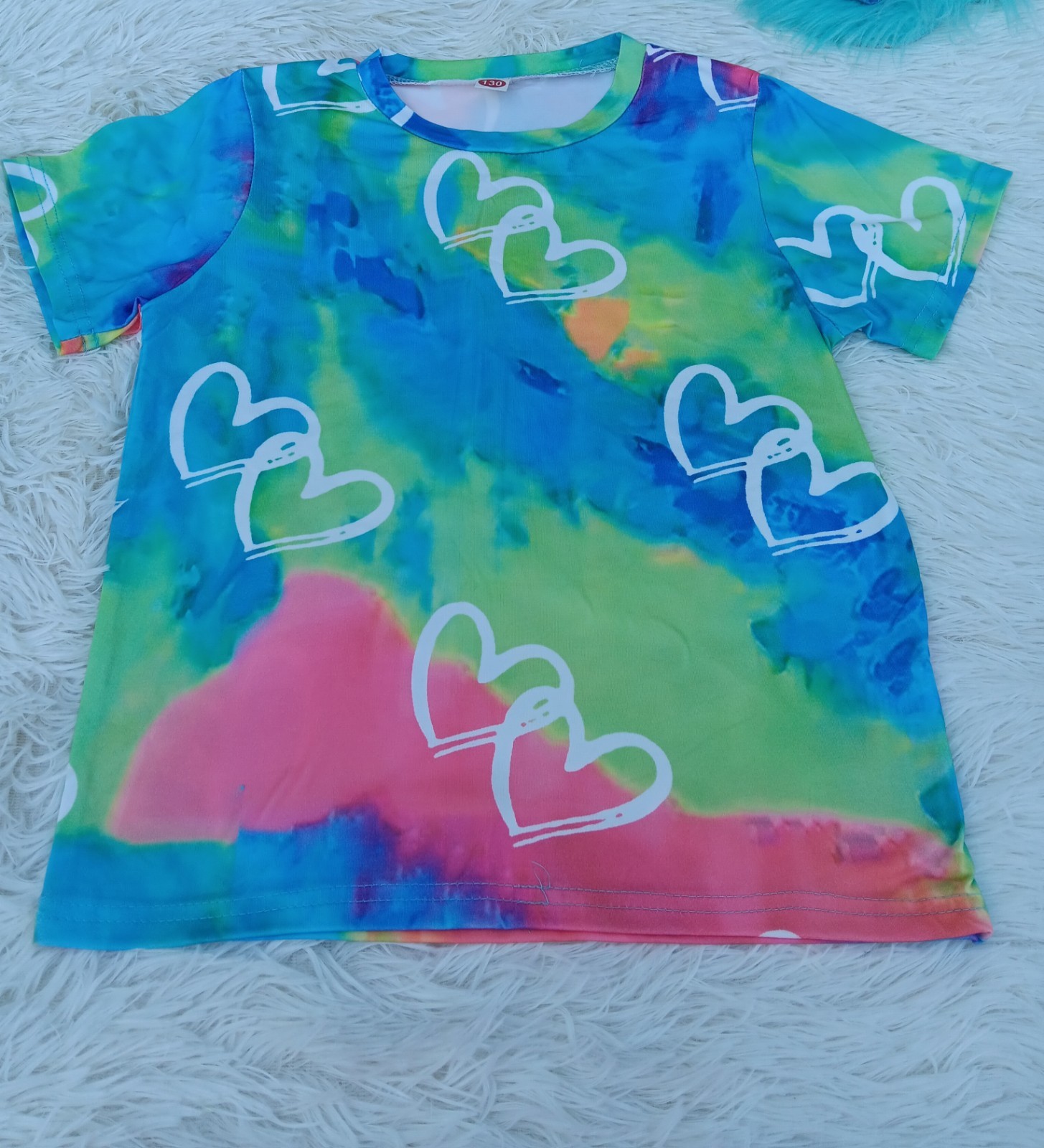 Girls Tie-Dye Heart Print Crew Neck Short Sleeve Stretch T-Shirt Size 130