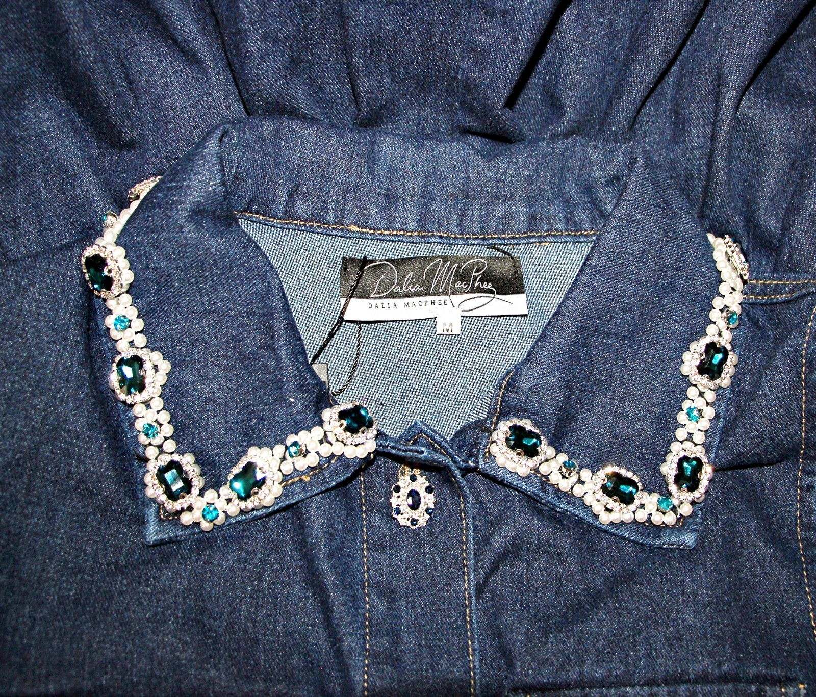 Dalia MacPhee Rhinestone Embellished Belted Tiered 56″ Long Denim Shirt Dress M