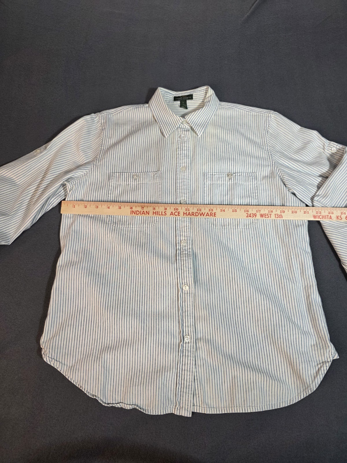 Ralph Lauren Jean Co. LRL Button Up Long Sleeve Shirt Blue Cream Sripes Large J9