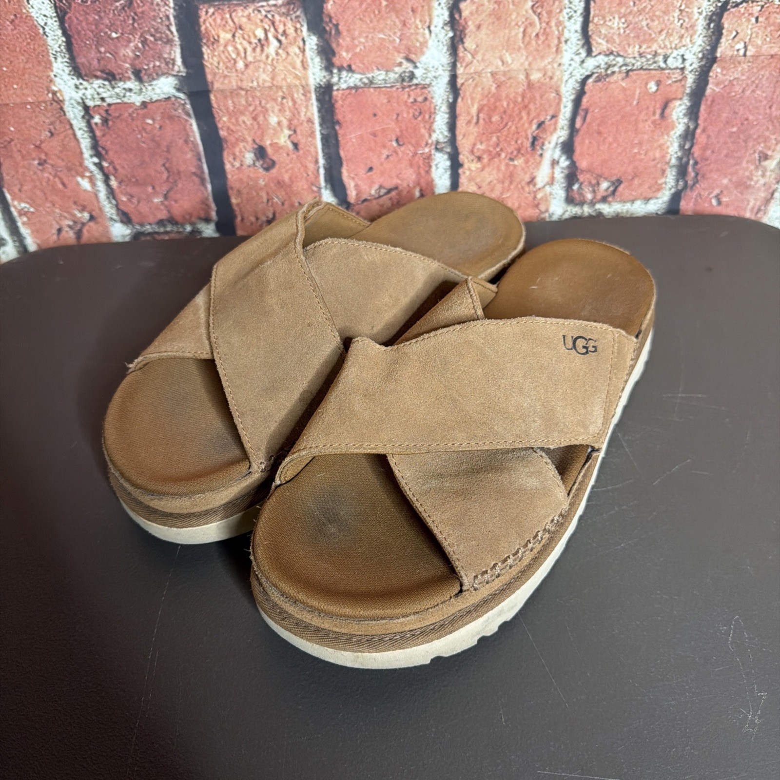 Ugg Goldstar Cross Slide Sandals Platform Suede Leather Women Sz 11 Brown