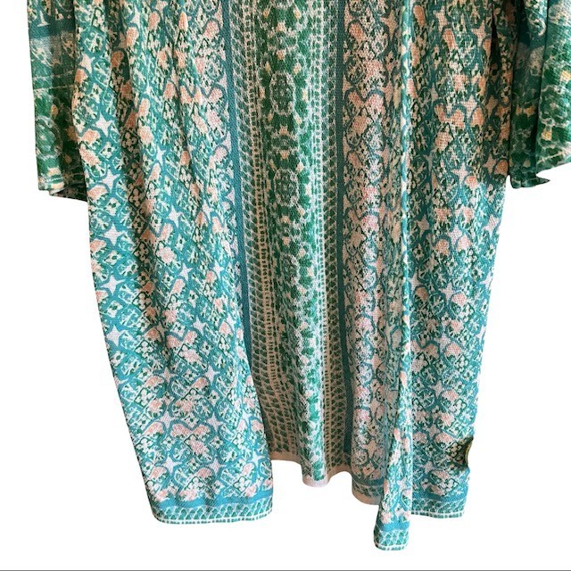 Chicos Soft Tile Stripe Duster Cardigan Sweater 2 L Turquoise Boho Open Front