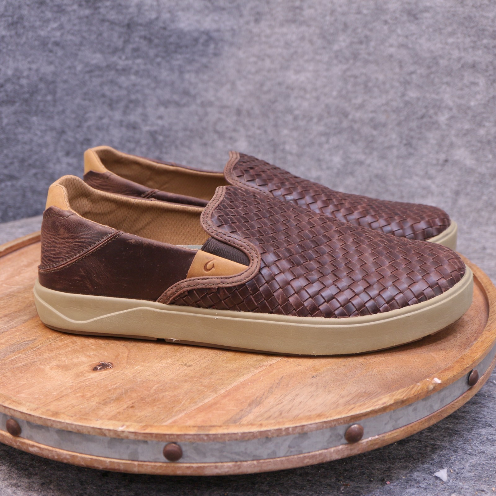 OluKai Lae’ahi Lauhala Mens Size 10 US Java Brown Woven Leather Slip On Sneakers