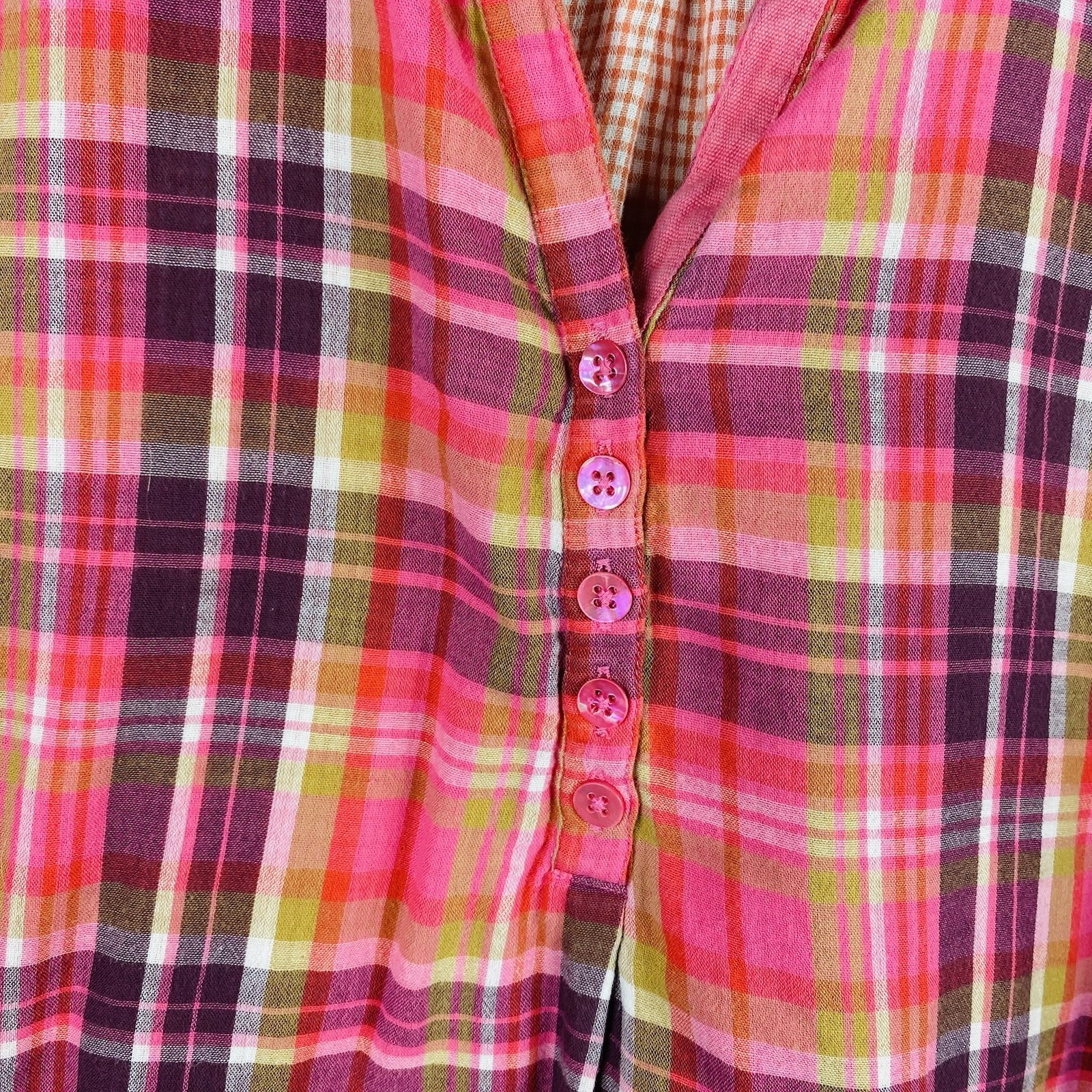 Soft Surroundings Top Large Pink Plaid Malay Short Sleeve Popover 100% Cotton