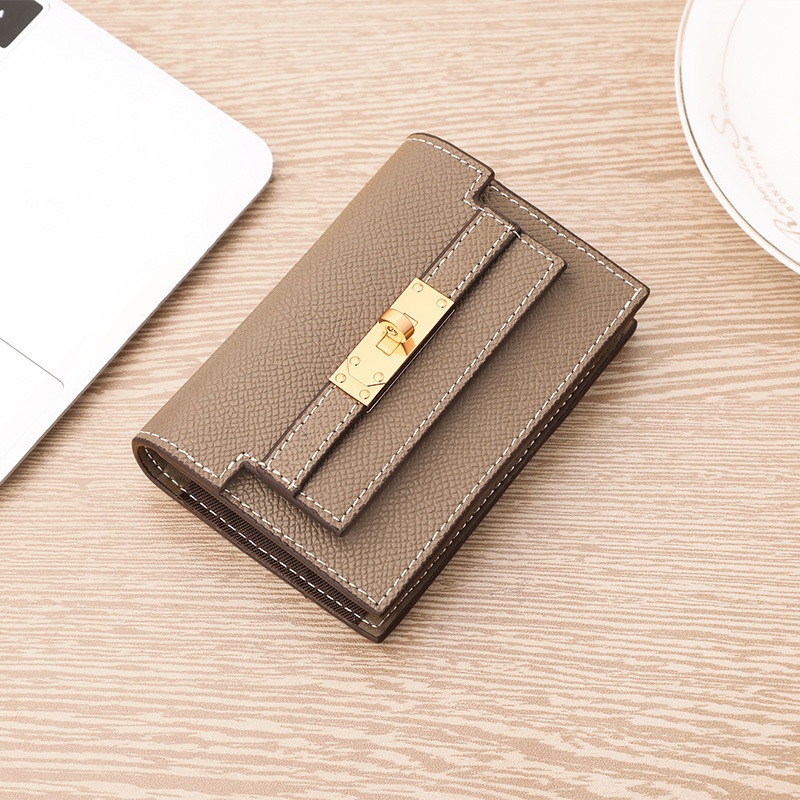 Women’s PU Leather Bifold Wallet Compact Card Holder Coin Purse Turn Lock Beige