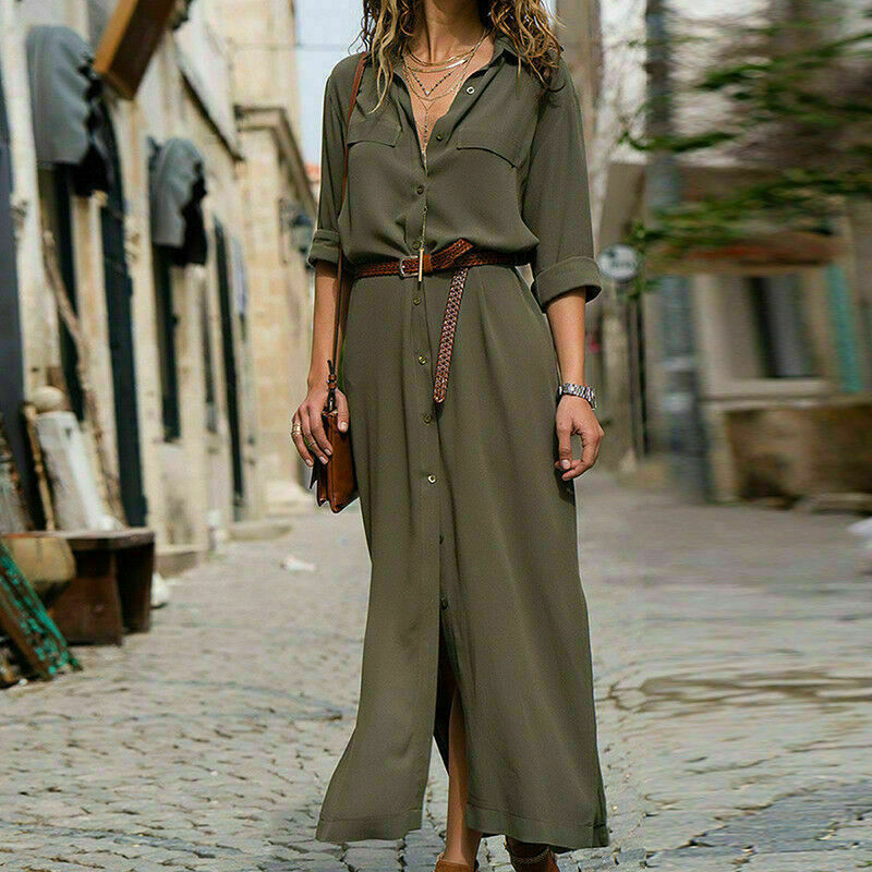 Women Maxi Down Sleeve Shirt Long Button Dress Plus Casual Size Loose Long Party