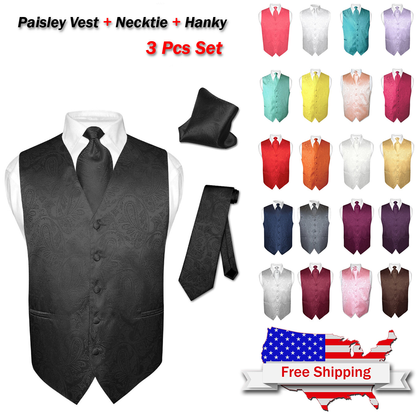 Men’s Dress VEST NeckTie for Suit Tuxedo PAISLEY Design Mens Vests Tie Hanky Set