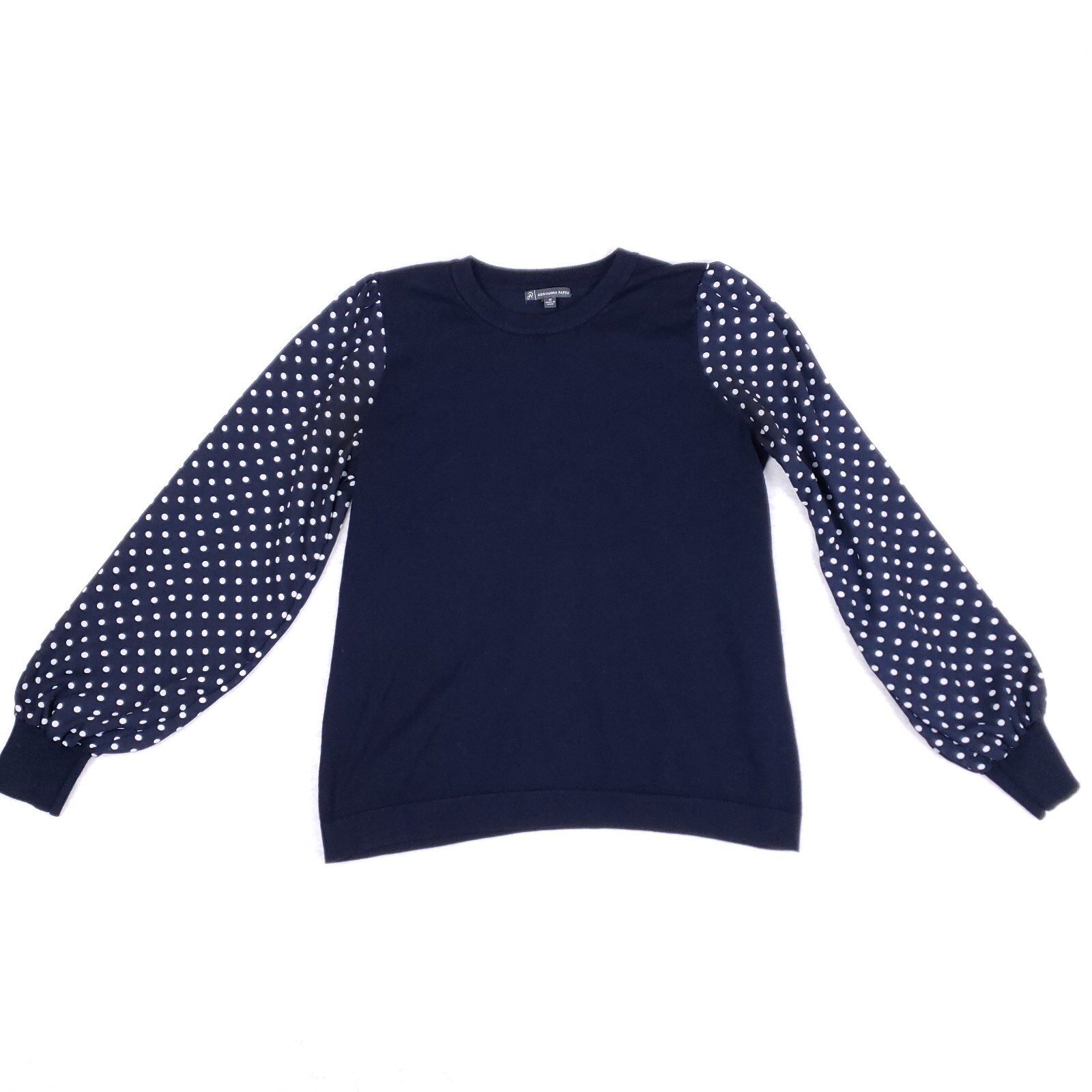Adrianna Papell Top Balloon Sleeve Polka Dot Crewneck Medium Navy Blue Retro