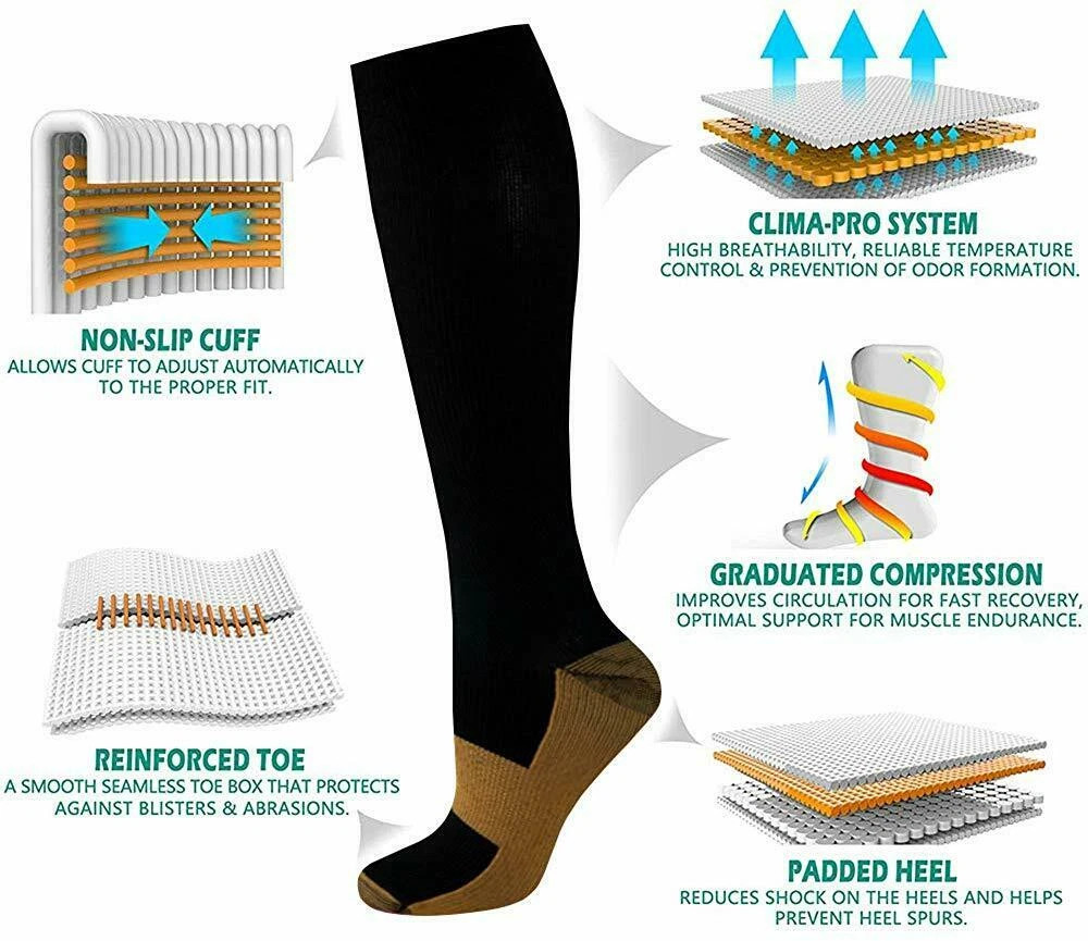 6 Pairs Copper Compression Socks 20-30mmHg Graduated Support Mens Womens S-XXL